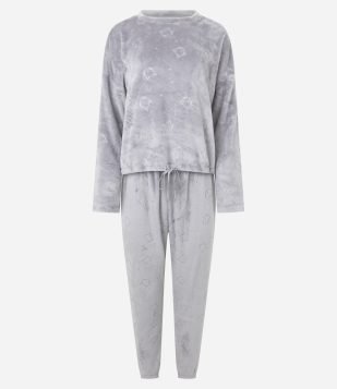 Pijama Longo em Fleece com Textura de Gatinhos Cinza