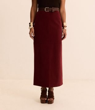 Saia Lápis New Midi em PU com Fenda Vinho