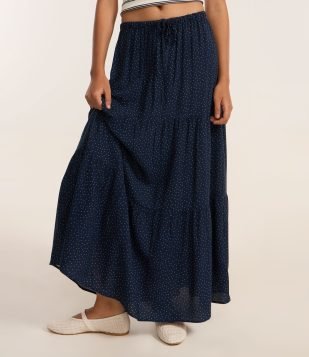 Saia New Midi em Chalis Poá com Elástico no Cós Azul Marinho