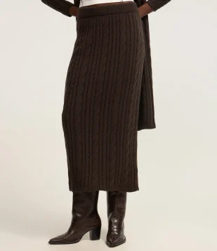 Saia Reta Alongada em Tricô com Mix de Pontos Marrom