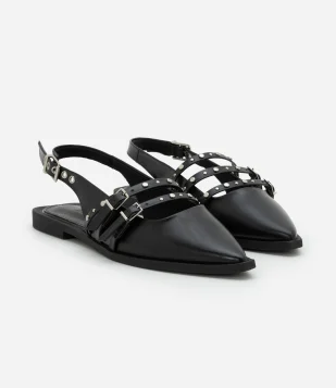 Sapatilha Slingback Tiras com Aviamentos Preto
