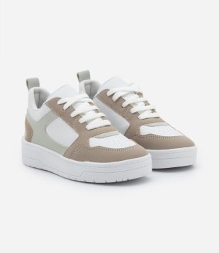 Tênis Infantil em PU com Recortes - Tam 28 a 37 Bege-Branco