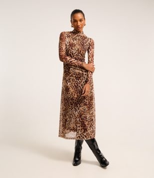 Vestido Evasê Midi em Tule com Estampa Onça Marrom