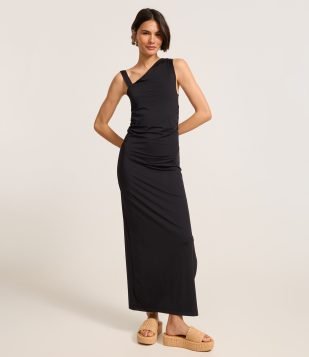 Vestido Long Midi em Microfibra com Alça Assimétrica e Franzido Preto