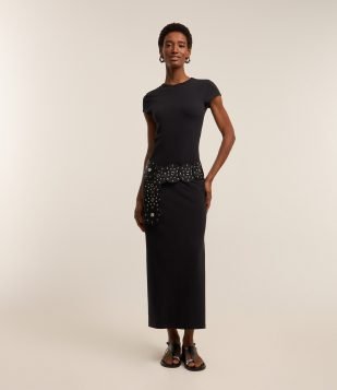 Vestido Longo em Algodão com Manga Curta Preto