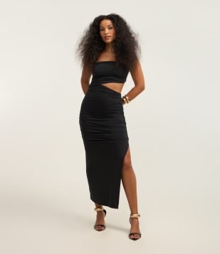 Vestido New Midi com Drapeados Laterais e Recorte Vazado Preto