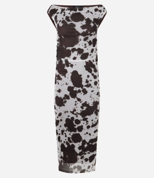 Vestido Reto Midi Ombro a Ombro e Estampa Animal Print Cinza-Marrom