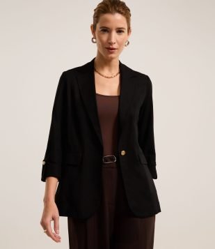 Blazer Alongado em Linho com Mangas Dobradinhas Preto