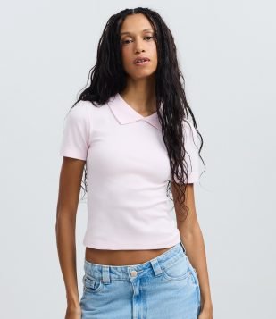 Blusa Básica Manga Curta com Gola Polo Rosa