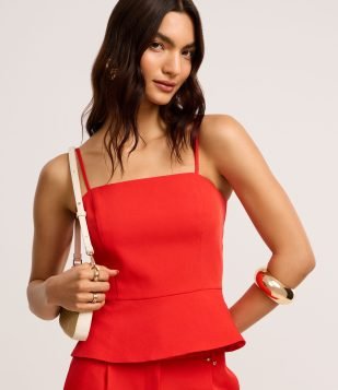 Blusa Peplum Alfaiatada em Twill com Alcinhas Vermelho