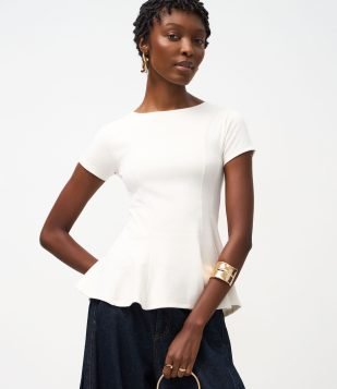 Blusa Peplum em Ponto Roma Com Mangas Curtas Branco