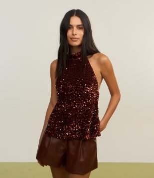 Blusa em Paetê com Decote Halter e Costas Abertas Vermelho