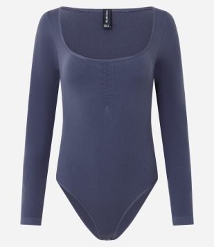 Body Manga Longa com Decote Coração e Detalhe no Busto Azul