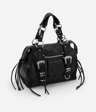 Bolsa Satchel Boho Média com Tiras e Fivela Preto