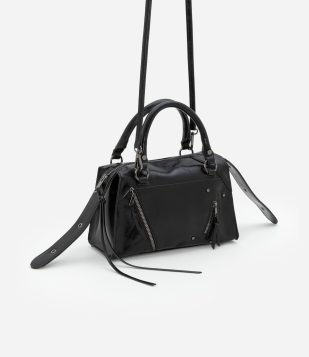 Bolsa Satchel Média Desestruturada com Zíperes e Pullers Preto