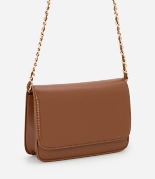 Bolsa Transversal Pequena em PU com Alça Corrente Marrom