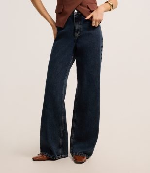 Calça Baggy em Jeans com Cintura Alta Azul Escuro