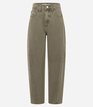 Calça Balloon em Sarja com Cintura Alta e Recorte Lateral Marrom Taupe