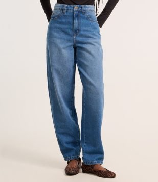 Calça Barrel em Jeans com Bolsos Azul