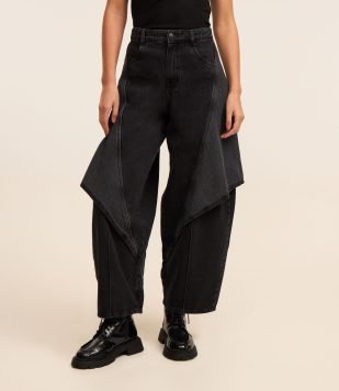 Calça Barrel em Jeans com Sobreposição Preto
