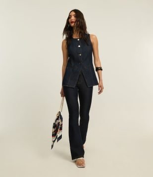 Calça Bootcut em Jeans Raw com Cintura Alta Escuro