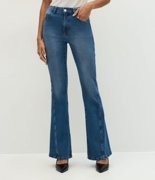 Calça Flare Cintura Alta em Jeans com Lateral Transpassada Médio