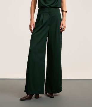 Calça Reta Cintura Alta Alfaiatada com `Pregas Verde