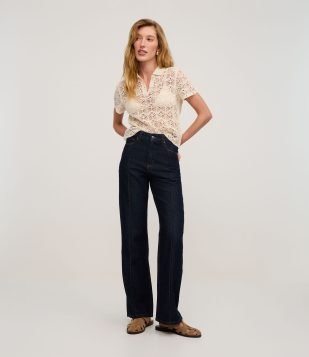 Calça Reta Comfort em Jeans com Costura Aparente Escuro