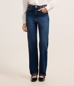 Calça Reta Jeans Comfort com Grilhão no Cós Azul