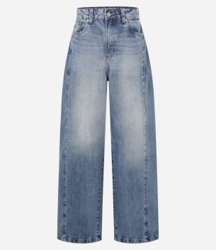 Calça Wide Leg em Jeans com Pregas Laterais Azul