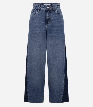 Calça Wide Leg em Jeans com Recorte Lateral e Cintura Média Azul