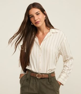 Camisa Listrada em Cupro com Punho Largo Branco