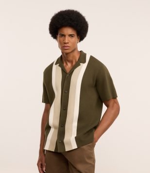 Camisa Regular em Tricô com Listras Contrastantes Verde