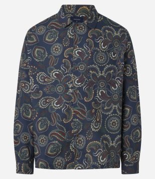 Camisa em Sarja Estampa Paisley com Gola Colarinho Azul