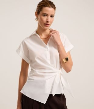 Camisa em Tricoline com Amarração e Manga Dobrada Branco