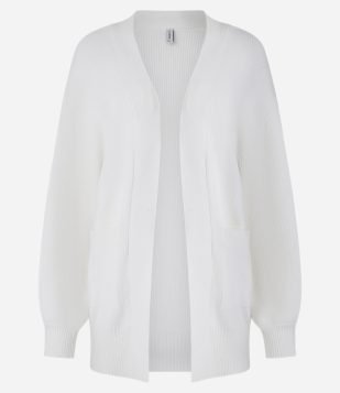 Cardigan Alongado em Tricô com Bolsos e Manga Bufante Branco