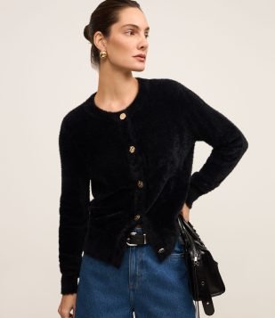 Cardigan em Poliamida Peluciada com Punhos Largos Preto