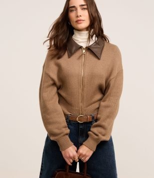 Cardigan em Tricô com Gola de PU Marrom