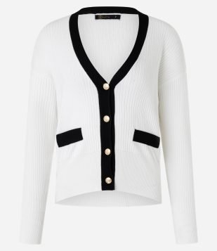Caridgan em Tricô com Botões de Metal e Bolso Fake Contrastantes Branco