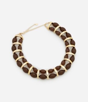 Colar Maxi em Resina e Metal com Beads Marrom