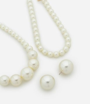 Conjunto de Colar Camadas e Brincos Maxi Perolas Sintética Off White