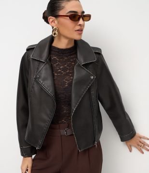 Jaqueta Biker em Moletom com Lettering Oregon Preto