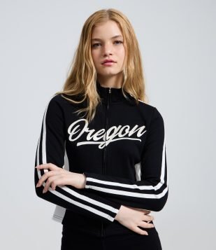 Jaqueta Biker em Moletom com Lettering Oregon Preto
