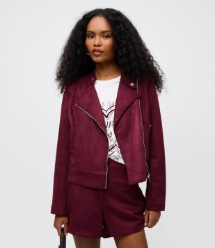 Jaqueta Biker em Suede com Zíper Vermelho