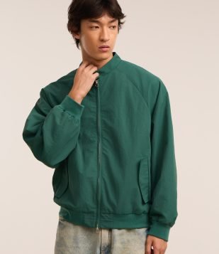 Jaqueta Bomber com Lapela e Estampa Bordada Lettering Verde