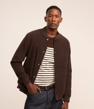 Jaqueta Bomber em Veludo Cotelê com Botões Forrados Marrom Escuro