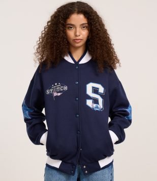 Jaqueta College em Moletom com Forro Quentinho Estampa Stitch Azul