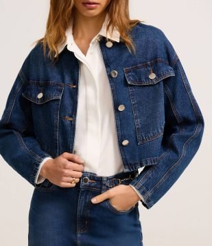 Jaqueta Jeans com Abotoamento e Bolso Western Azul
