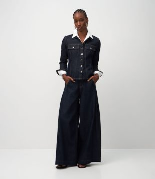 Jaqueta Jeans com Recortes Acinturados Azul Escuro