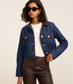 Jaqueta Regular em Jeans com Gola de PU Azul